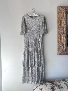 Whistles Silver Sequin Tiered Midi Dress